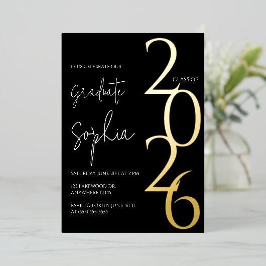 Minimalist Black & Gold Graduation Foil Invitation 箔招待状 (立ち正面)