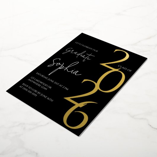 Minimalist Black & Gold Graduation Foil Invitation 箔招待状 (回転した状態)