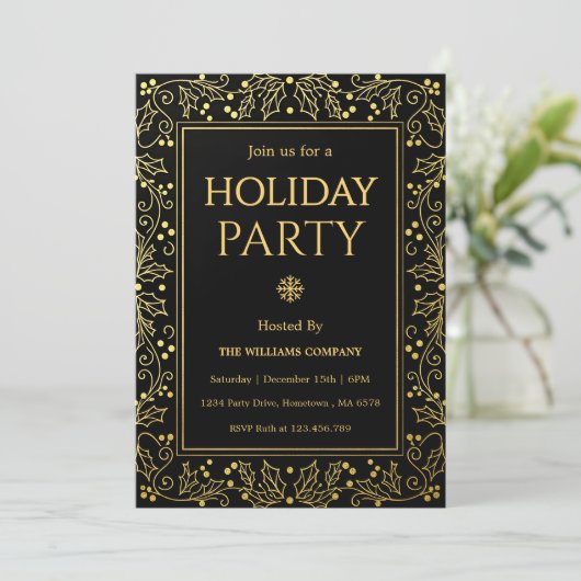 Minimalist Black & Gold Holiday Gathering 招待状 (スタンド正面)