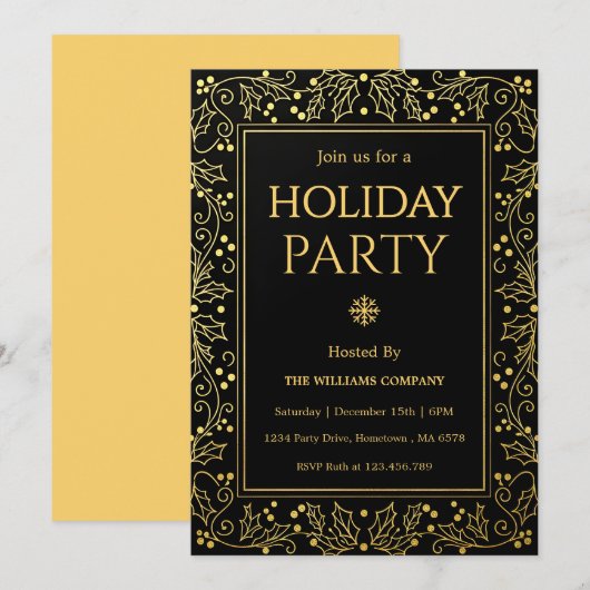 Minimalist Black & Gold Holiday Gathering 招待状 (正面/裏面)