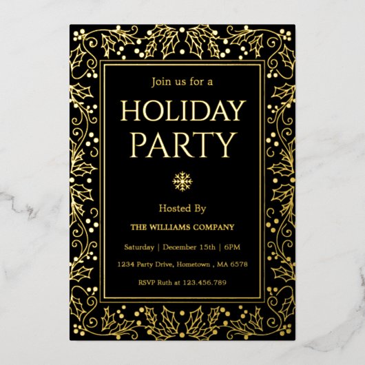 Minimalist Black & Gold Holiday Gathering 箔招待状 (正面)
