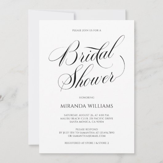 Minimalist Black Handwritten Script Bridal Shower 招待状 (正面)