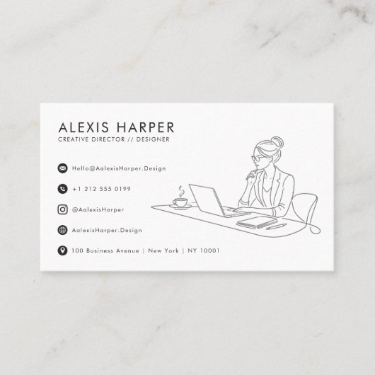 Minimalist Black Modern Line Art Woman QR Code 名刺 (正面)