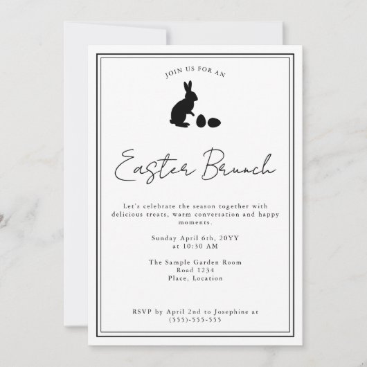 Minimalist Black On White Bunny Easter Brunch 招待状 (正面)
