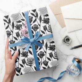 Minimalist Black Roses With Light Gray Stems  ラッピングペーパー