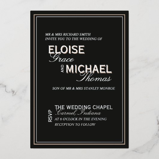 Minimalist Black Tie Formal Wedding 箔招待状 (正面)