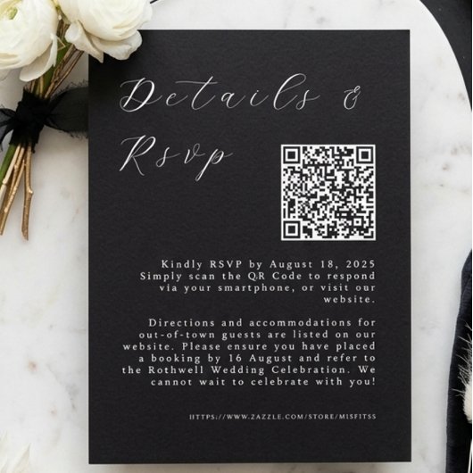 Minimalist Black Wedding w QR Details & RSVP Card ポストカード