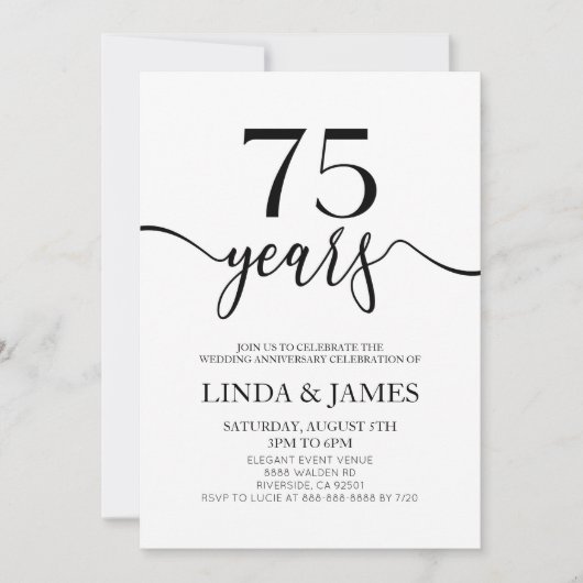 Minimalist Black White 75th Wedding Anniversary 招待状 (正面)