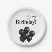 Minimalist Black & White Balloon Birthday Party ペーパープレート (正面)