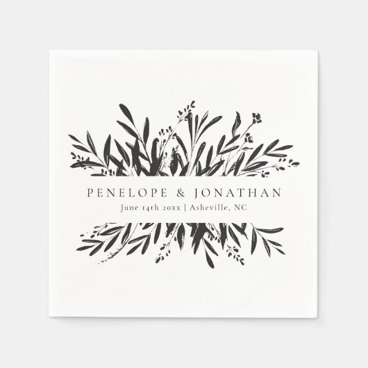 Minimalist Black White Botanical Custom Wedding  スタンダードカクテルナプキン (正面)