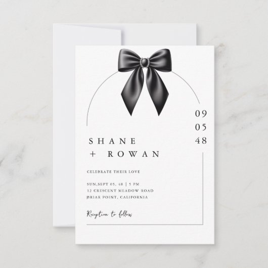 Minimalist Black & White Bow Wedding Invitation  招待状 (正面)