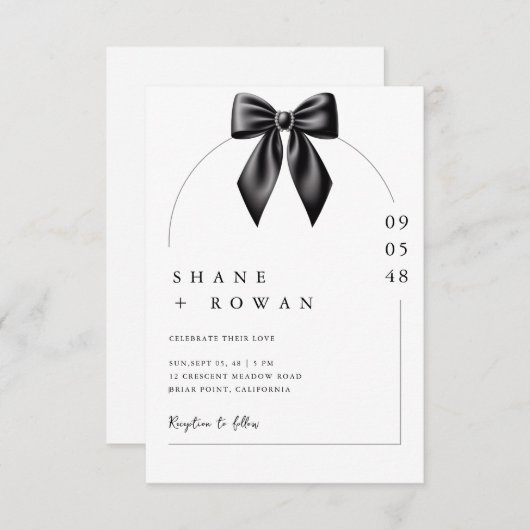 Minimalist Black & White Bow Wedding Invitation  招待状 (正面/裏面)