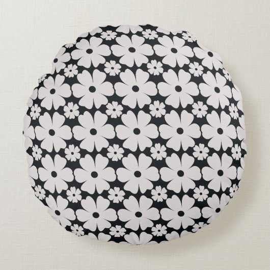 Minimalist black & white daisy pattern ラウンドクッション (正面)