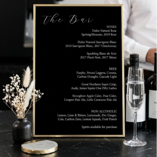 Minimalist Black & White Elegant Wedding Bar Menu シーズンカード