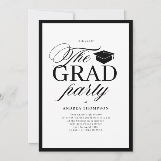 Minimalist Black White Script Grad Party Photo  招待状 (正面)