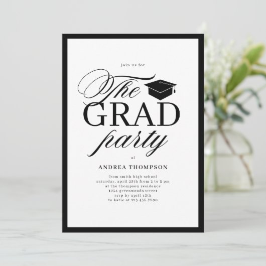 Minimalist Black White Script Grad Party Photo  招待状 (スタンド正面)