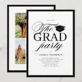 Minimalist Black White Script Grad Party Photo  招待状 (正面/裏面)