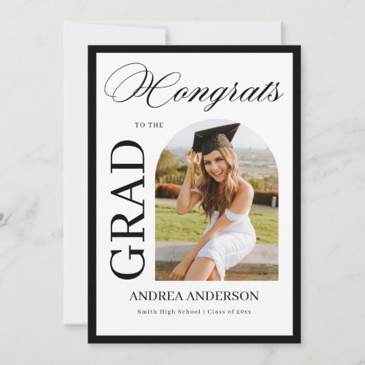 Minimalist Black White Script Grad Party Photo 案内状 (正面)