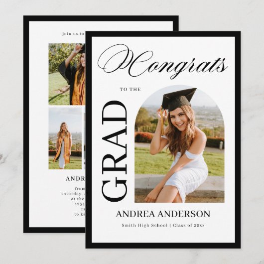 Minimalist Black White Script Grad Party Photo  案内状 (正面/裏面)