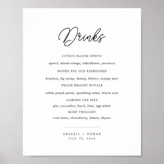 Minimalist Black White Script Wedding Bar Menu ポスター (正面)