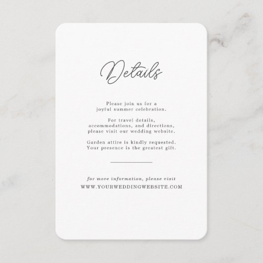 Minimalist Black White Script Wedding Details Card エンクロージャーカード (正面)