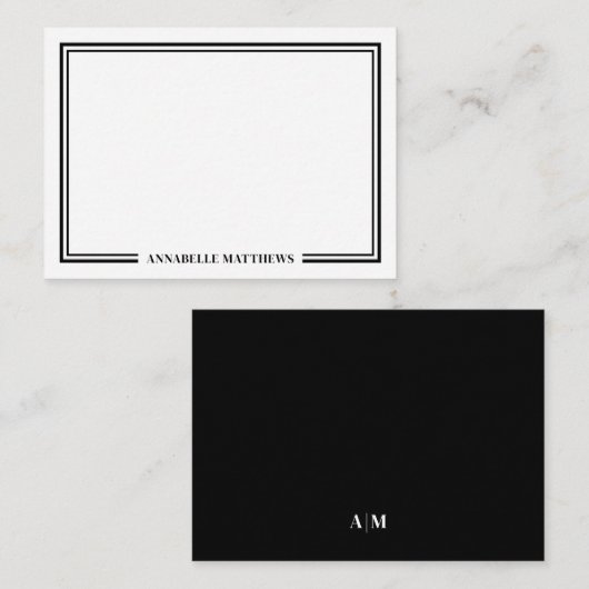 Minimalist Black White Two Border Monogram ノートカード (正面/裏面)
