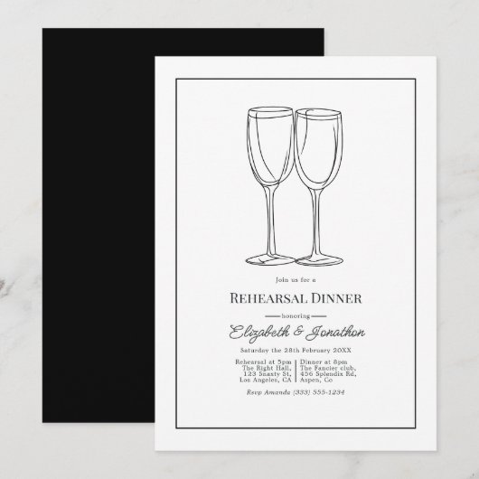 Minimalist Black & White Wedding Rehearsal Dinner 招待状 (正面/裏面)