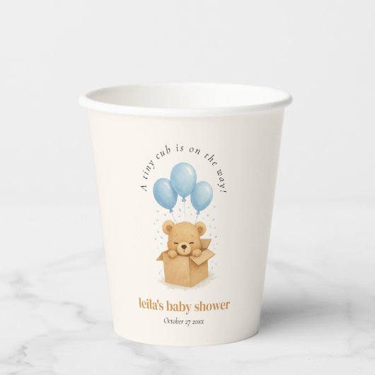 Minimalist Blue Balloon Bear Baby Shower 紙コップ (正面)