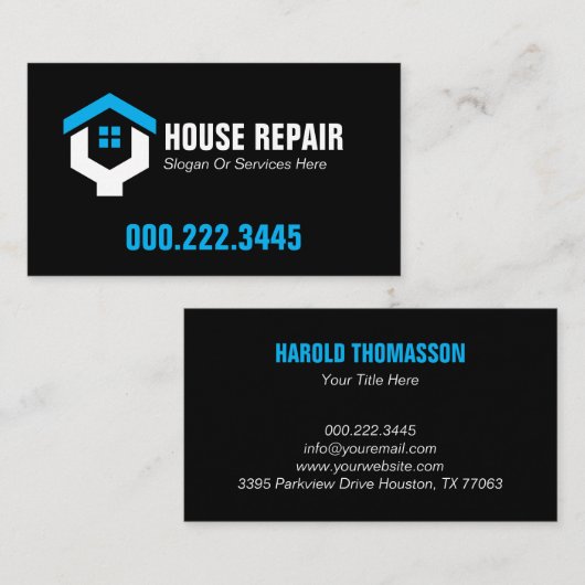 Minimalist Blue Black House Repair Contractor 名刺 (正面/裏面)