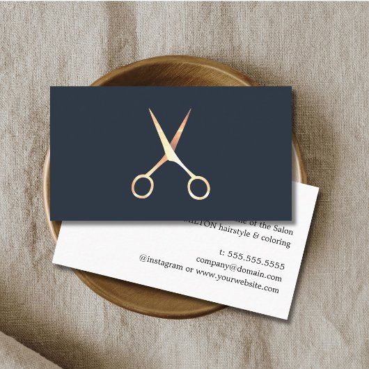 Minimalist Blue Faux Gold Scissors Hair Stylist 名刺