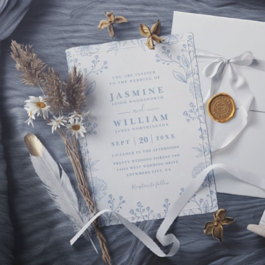 Minimalist Blue Floral Elegant QR Code Wedding 招待状