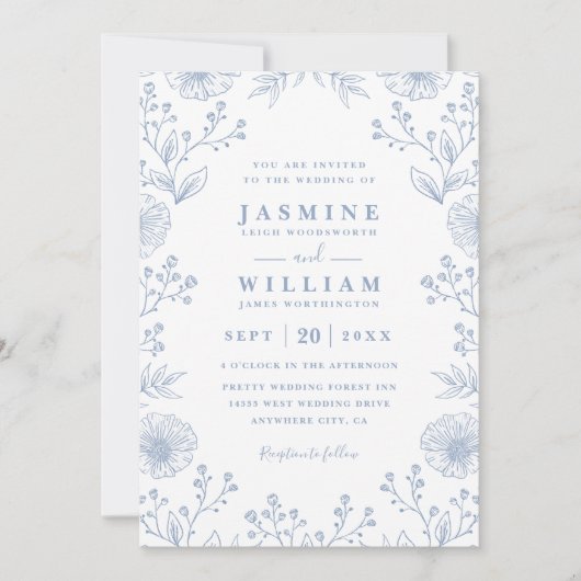 Minimalist Blue Floral Elegant QR Code Wedding 招待状 (正面)
