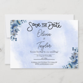Minimalist Blue Floral Wedding Save the Date 招待状