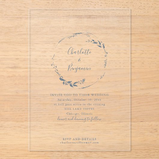 Minimalist Blue Floral Wreath Script Wedding アクリル招待状 (正面)