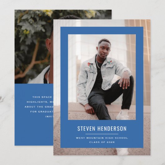 Minimalist Blue Frame Graduation Announcement 招待状 (正面/裏面)