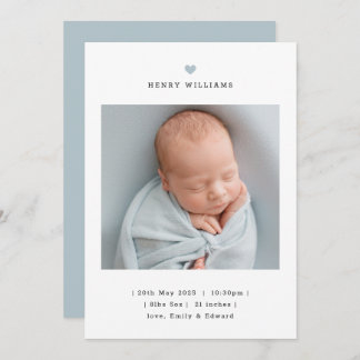 Minimalist Blue Heart Boy Birth Announcement 案内状