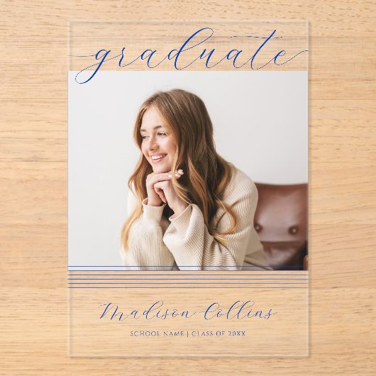 Minimalist Blue Lines Graduation Photo アクリル招待状 (正面)