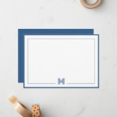 Minimalist Blue Monogram Double Border Stationery ノートカード (正面/裏面インサイチュ)