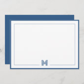 Minimalist Blue Monogram Double Border Stationery ノートカード (正面/裏面)