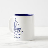 Minimalist Blue Sailboat Sailing Maritime ツートーンマグカップ (正面左)