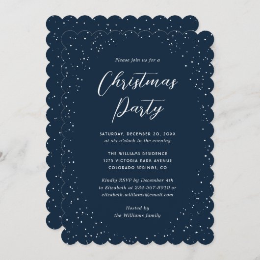 Minimalist Blue Snowy Christmas Party 招待状 (正面/裏面)