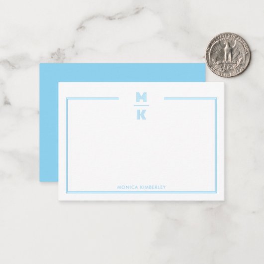 Minimalist Blue Two Border Monogram Note Card ノートカード (正面/裏面インサイチュ)