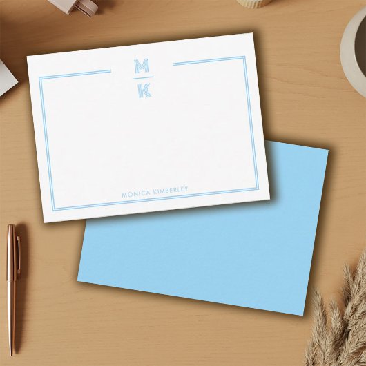 Minimalist Blue Two Border Monogram Note Card ノートカード