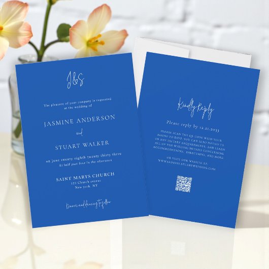 Minimalist Blue Wedding Invitation QR Website link 招待状