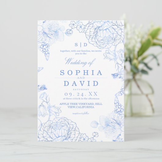 Minimalist Blue WildFlower Rustic Wedding 招待状 (スタンド正面)