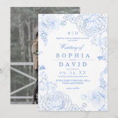 Minimalist Blue WildFlower Rustic Wedding 招待状 (正面/裏面)