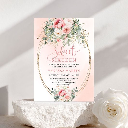 Minimalist Blush Floral Gold Sweet Sixteen Invite 招待状