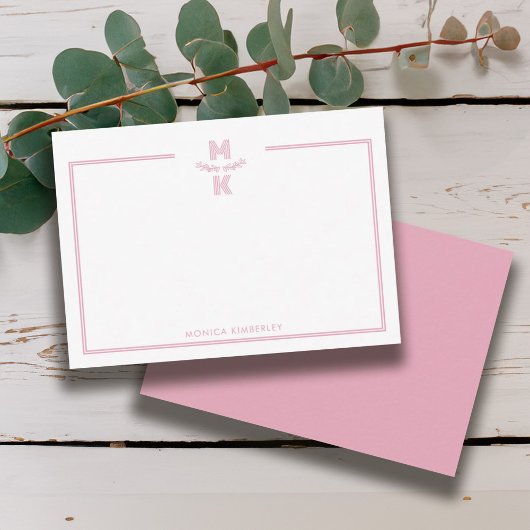 Minimalist Blush Pink Border Monogram Note Card ノートカード