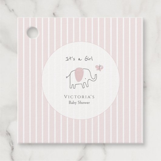 Minimalist Blush Pink Elephant Baby Shower フェイバータグ (正面)