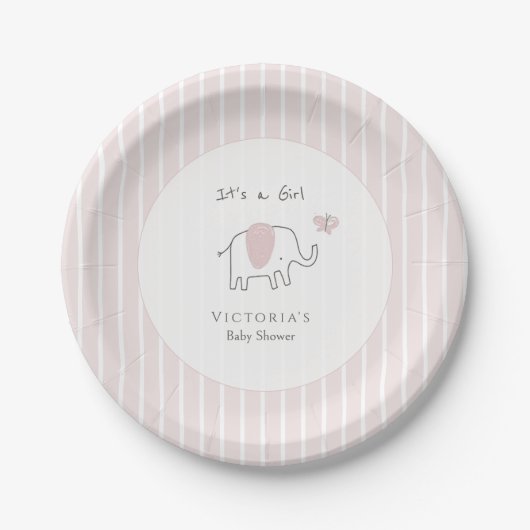 Minimalist Blush Pink Elephant Baby Shower ペーパープレート (正面)